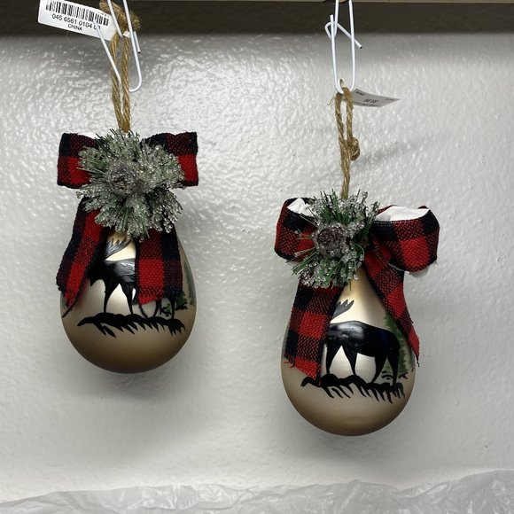 Brown Glass Teardrop Christmas Ornaments W Moose N Trees Design Set of 2 NWT - Picture 4 of 16